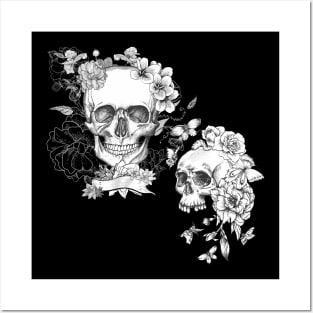 skulls and flowers Posters and Art